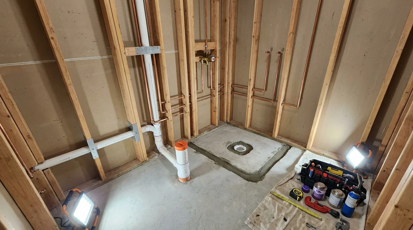Bathroom rough-in plumbing during remodel by Johns Plumbing LLC in Homer Glen