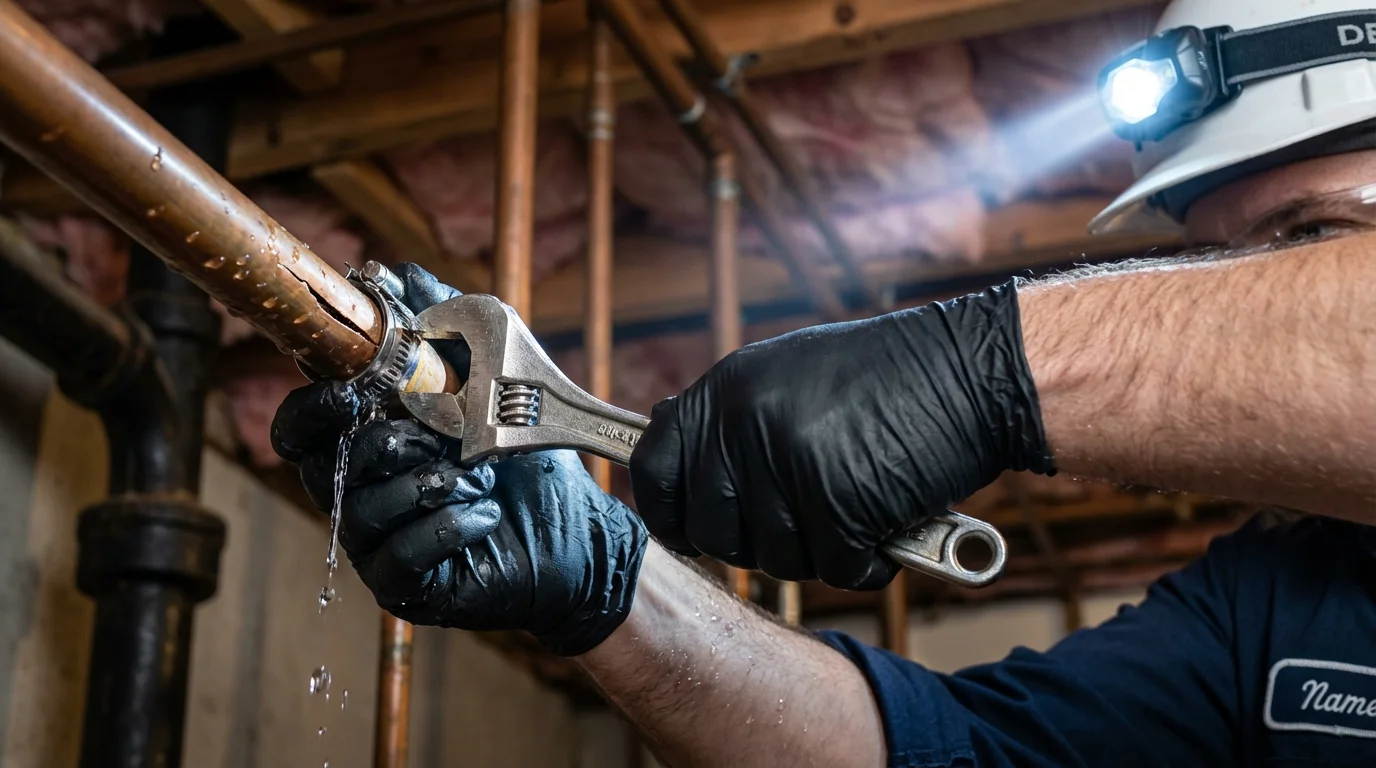 Emergency pipe clamp repair being performed by a Johns Plumbing LLC plumber in Homer Glen