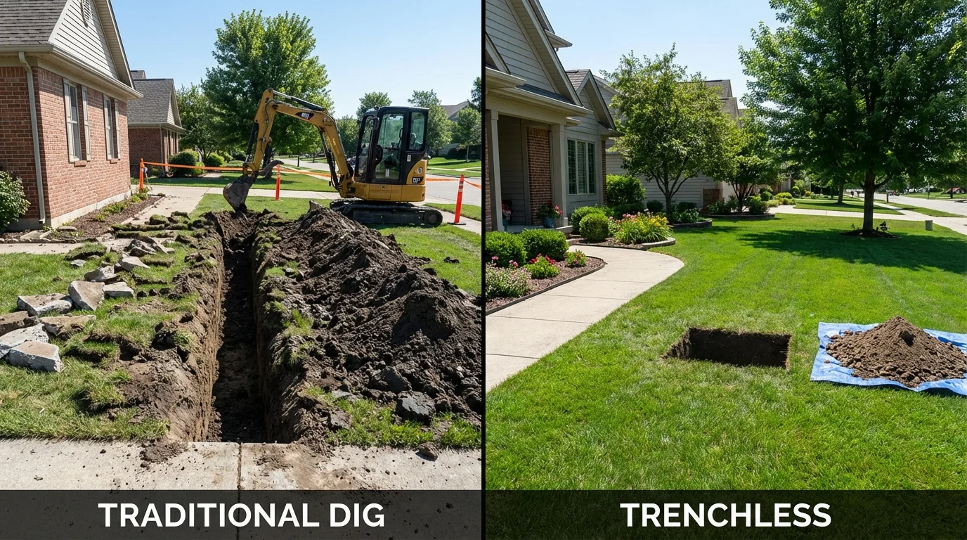 Trenchless sewer repair with minimal yard damage versus traditional excavation in Homer Glen, IL