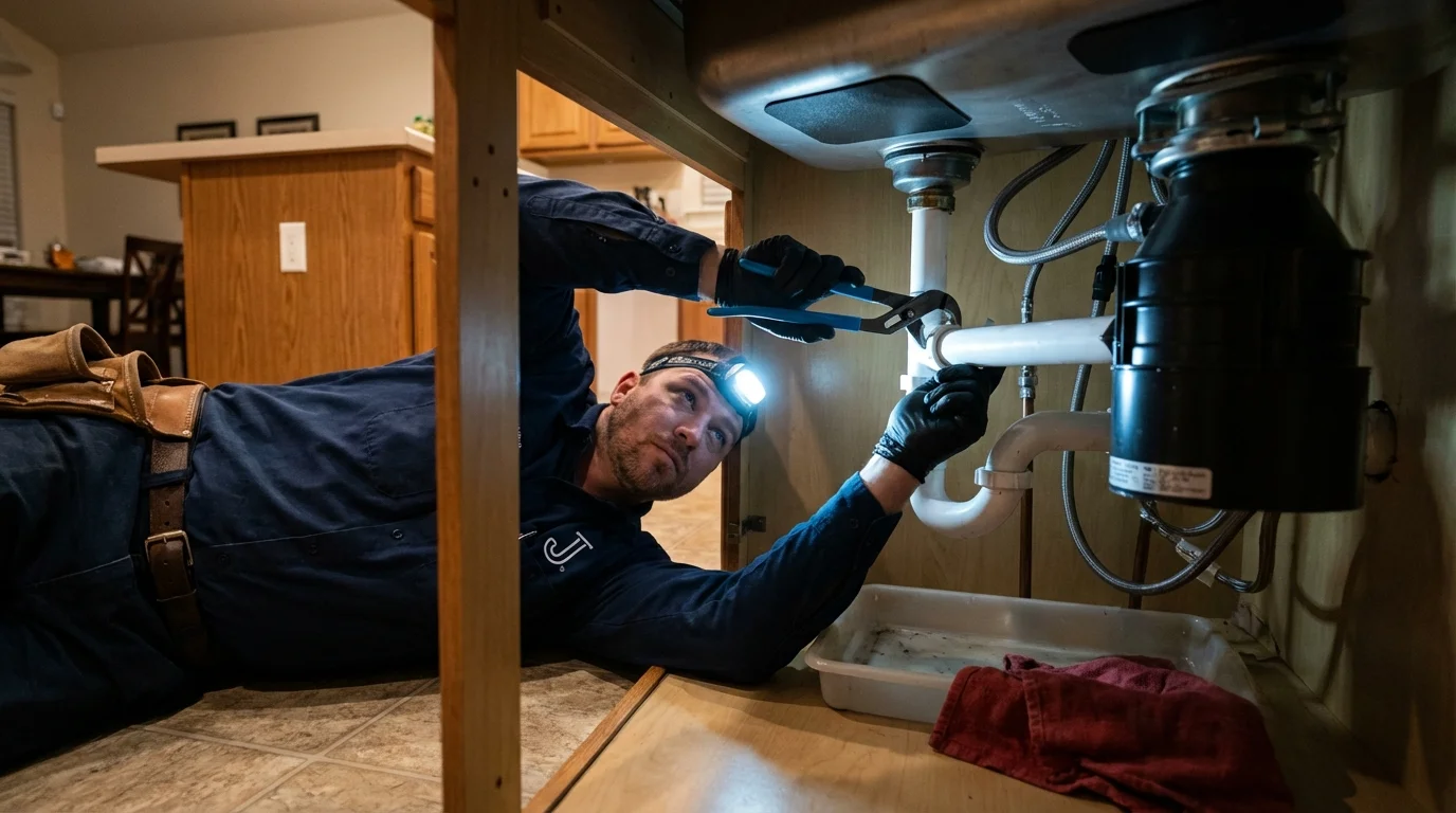 P-trap and supply line connections under a kitchen sink showing a common leak point in Homer Glen, IL